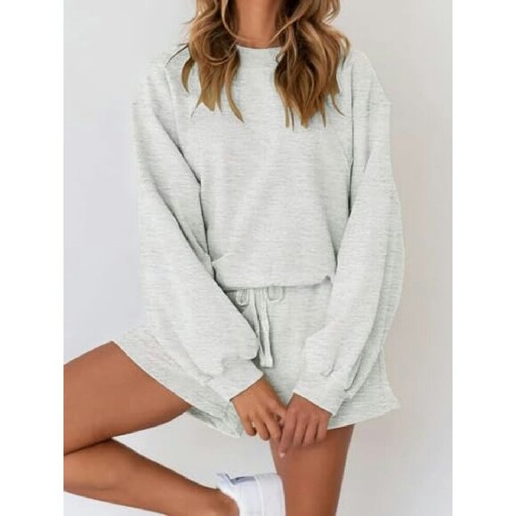 Oversized Batwing Sleeve Lounge Set Soft Fabric Sweatsuit Top Shorts - Picture 3 of 8